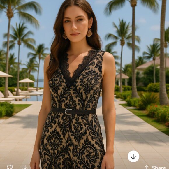 Almost Famous Womens Black and Tan Floral Knit Lace Insert Jumpsuit Size M Sexy - Picture 1 of 12